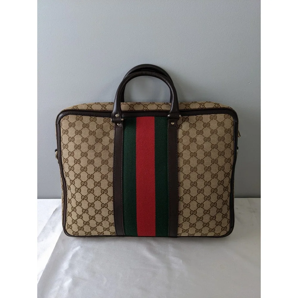 Gucci GG Canvas Web Stripe Briefcase Brown Leather Laptop Bag 246432 COA